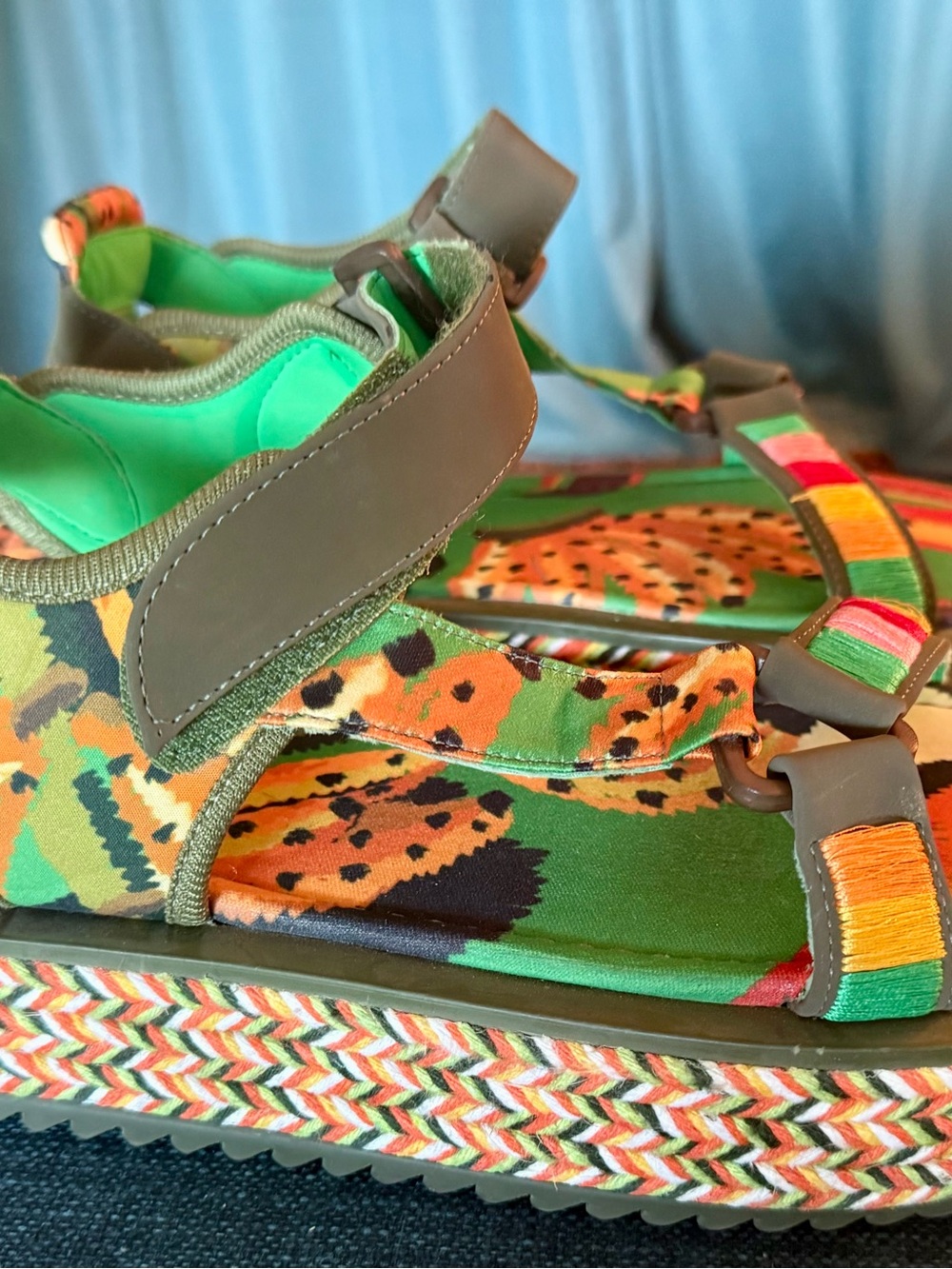 FARM Rio Multicolor Patterned Strap Sandals - Green/Orange - Picture 2 of 6